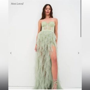 For Love & Lemons Sage Green Strapless Ruffled Tulle Gown